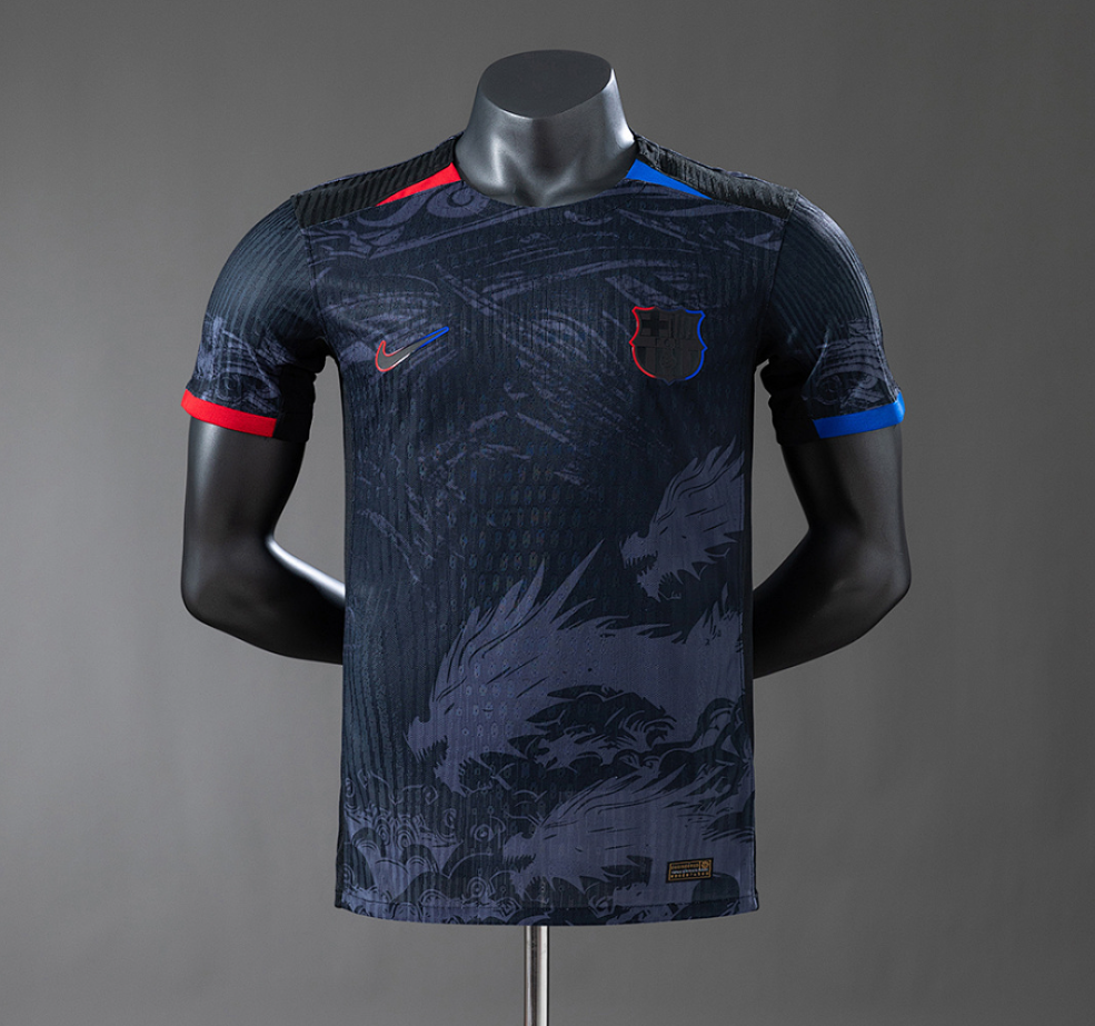 Dark blue sports jersey with dragon design on a mannequin against a gray background