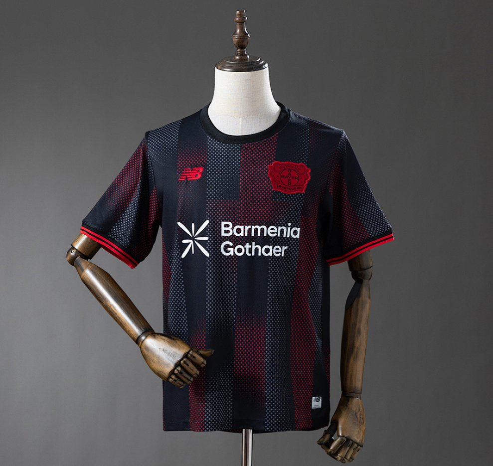 Black sports jersey with red accents on a mannequin against a gray background, Bayer Leverkusen 25/26 Home Jersey , 11culture, 11 culture