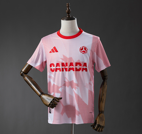 White sports jersey with red accents on a mannequin against a gray background, Canada 2026 Promotional Apparel - Pink Jersey, Canada, 11culture, 11 culture