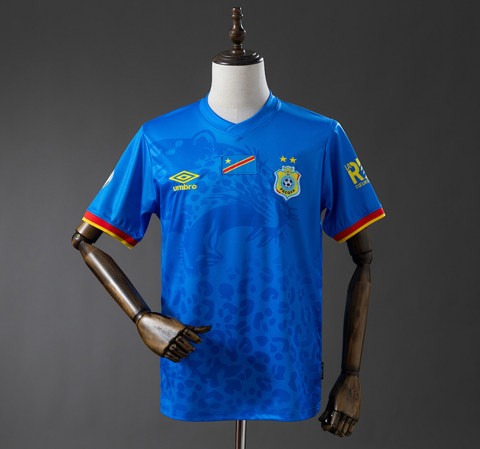 Blue sports jersey on a mannequin against a gray background, Congo 2026 Home Blue Jersey, 11culture, 11 culture, original football jersey, congo jersey, retro jersey