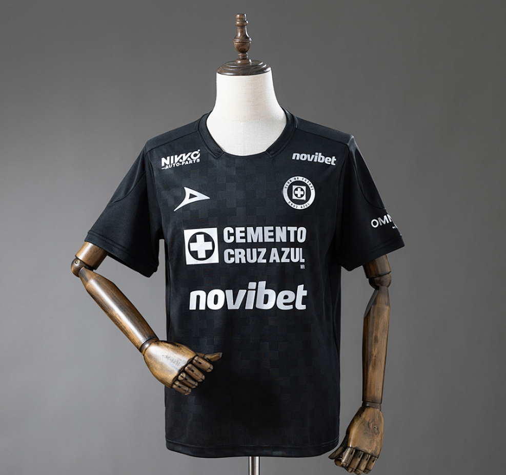 Black sports jersey with various logos on a mannequin against a gray background, Cruz Azul 25/26 Third Away Jersey  11culture, 11 culture, 7/11 culture, original jerseys, original football jerseys