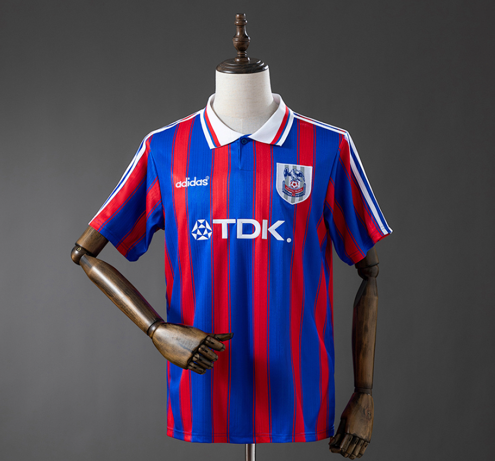 Blue and red striped sports jersey on a mannequin against a gray background, Crystal Palace 96/98 Home Retro Jersey, 11culture, 11 culture