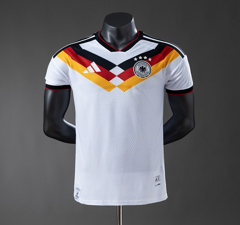 White sports jersey with German flag design on a mannequin against a gray background, 11culture, 11 culture, Germany Jrersey