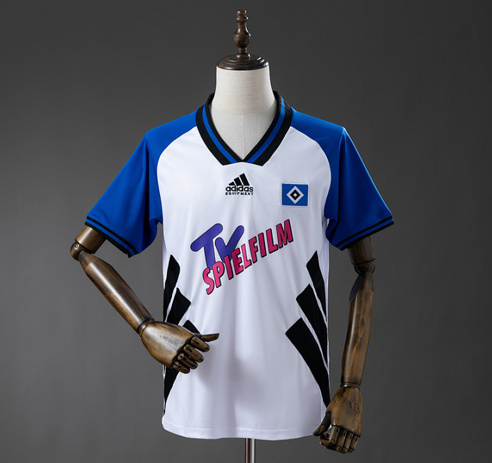 White sports jersey with blue sleeves on a mannequin against a gray background, Hamburger SV 94/95 Home Retro Jersey, original jersey shirts, retro jersey