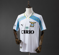 White sports jersey with blue accents on a mannequin against a gray background, Lazio 98/00 Second Away Retro Jersey