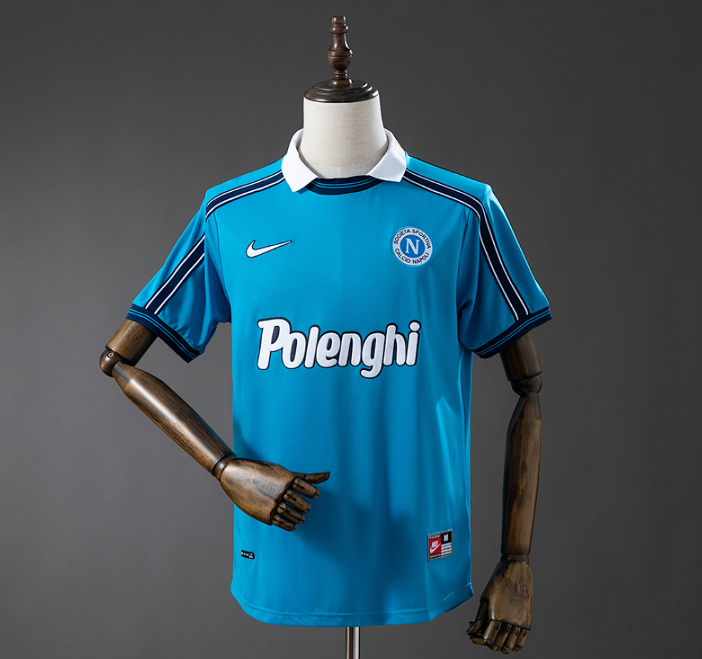 Blue sports jersey with visible branding on a mannequin against a gray , Napoli 98/99 Home Retro Jersey background