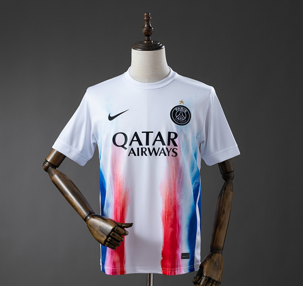 White sports jersey with red and blue stripes on a mannequin against a gray background