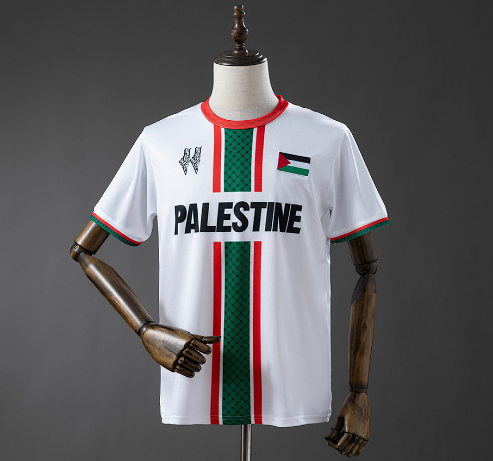 White sports jersey with 'Palestine' printed on it, displayed on a mannequin against a gray background, Palestine 2025 Special Edition , 11 culture, 11culture