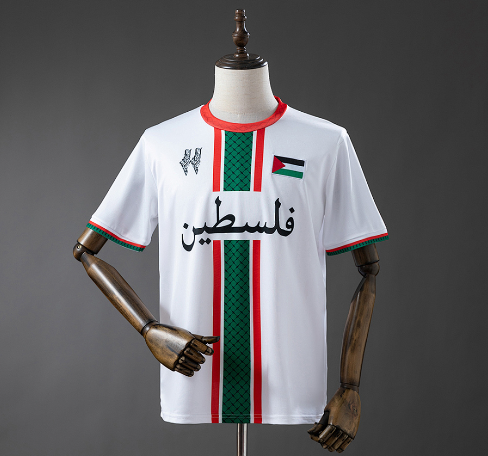 White sports jersey with red and green stripes on a mannequin against a gray background, Palestine 2025 Special Edition - White , 11culture, 11 culture, original palestine jersey, palestine football