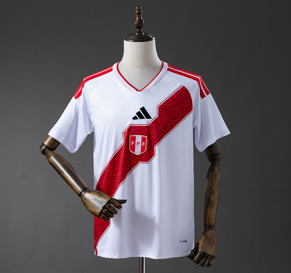 White soccer jersey with red accents on a mannequin against a gray background, Peru 2026 Home Jersey , 11culture, 11 culture