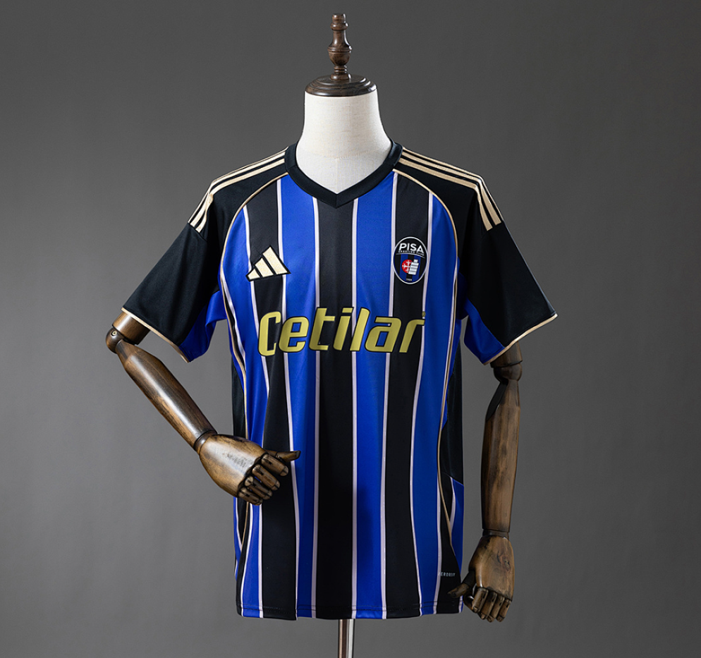 Black and blue striped sports jersey on a mannequin against a gray background,Pisa 25/26 Home Jersey, 11 cuture