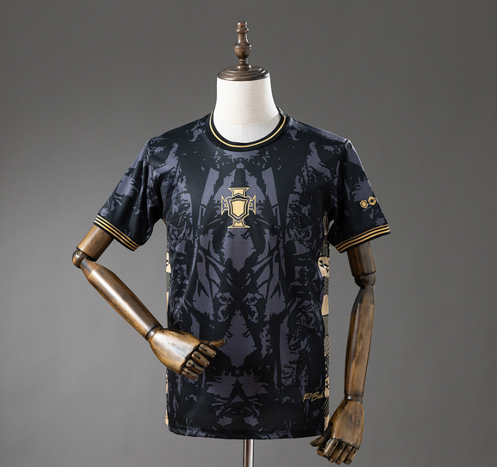 Black patterned shirt on a wooden mannequin against a gray background