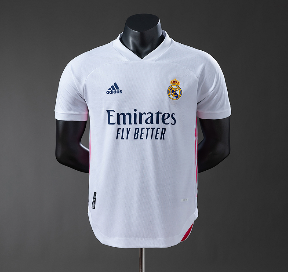 White sports jersey with Adidas and Real Madrid logos on a mannequin against a gray background, Real Madrid 20/21 Home Player Version Retro Jersey, 11culture