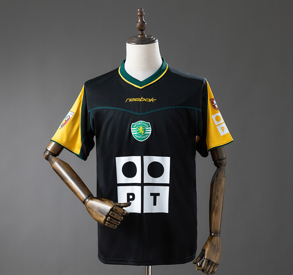 Black sports jersey with yellow sleeves on a mannequin against a gray background, Sporting CP 02/03 Away Retro Jersey, 11culture, 11 culture, sporting cp