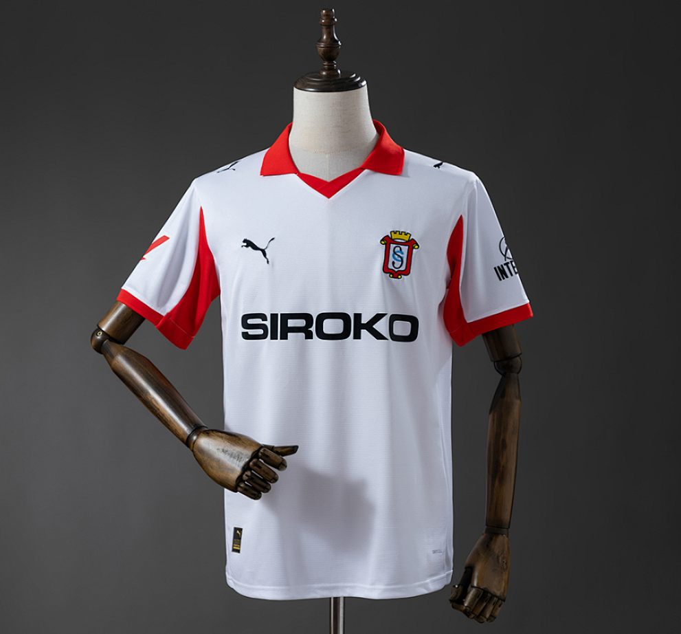 White sports jersey with red accents on a mannequin against a dark background,Sporting Gijon 25/26 Third Away Jersey, original jerseys, 11culture, 11 culture