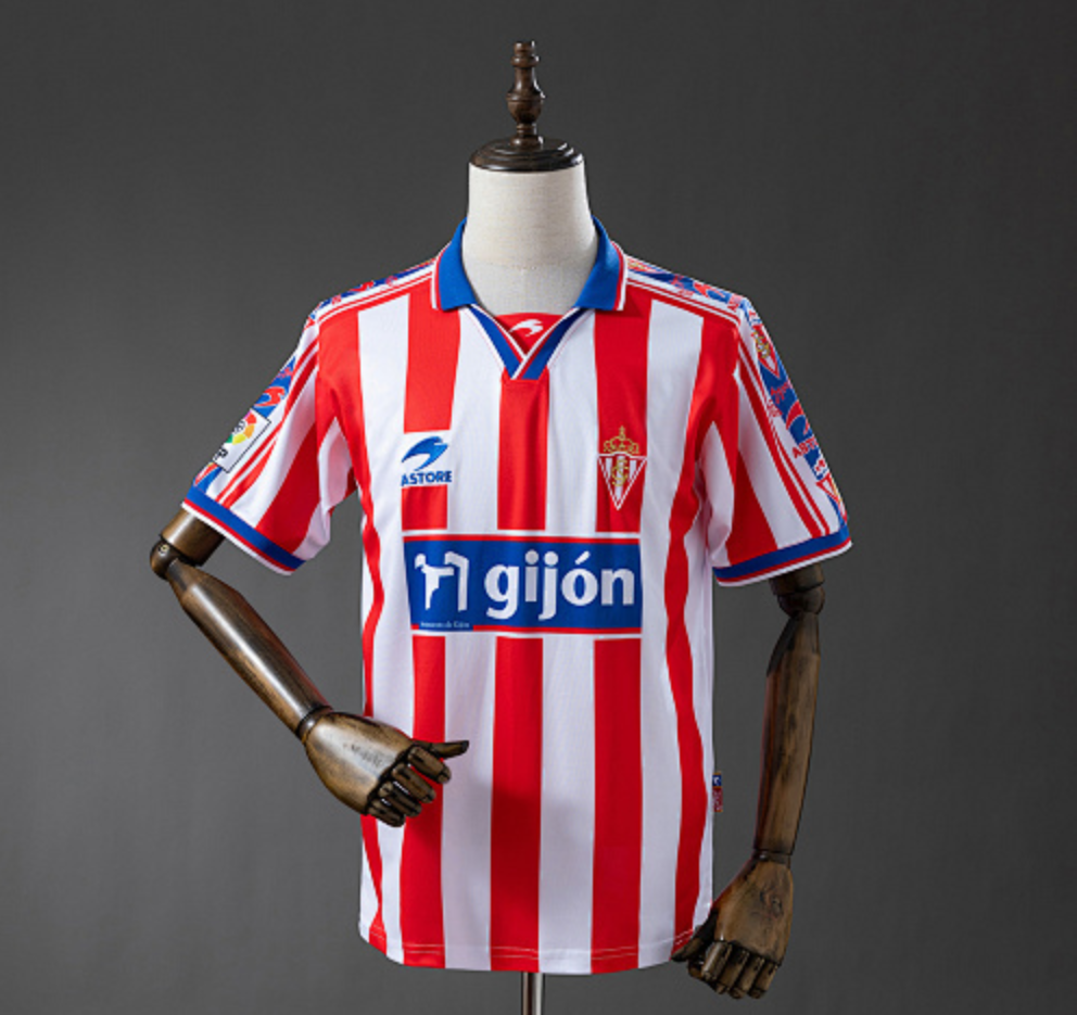 Red and white striped sports jersey on a mannequin against a gray background, Sporting de Gijon 99/00 Home Retro Jersey, 11culture, 11 culture
