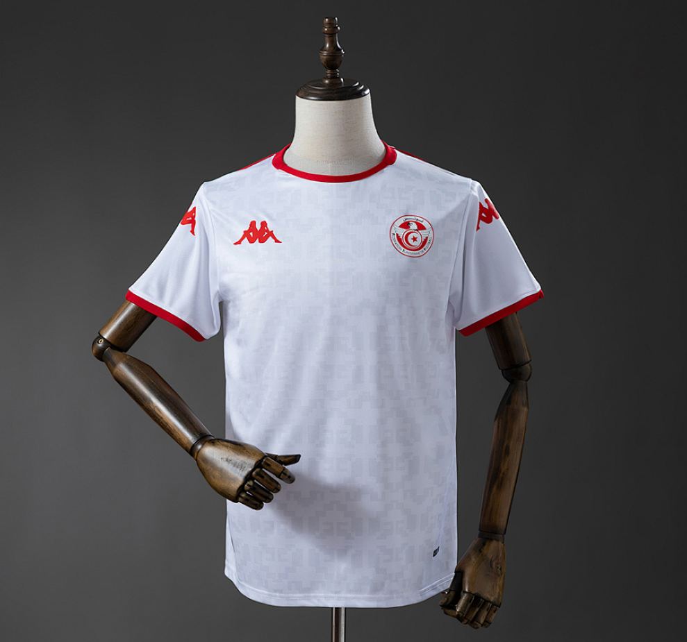 White sports jersey with red accents on a mannequin against a dark background, Tunisia 2026 Away Jersey, 11culture, 11 culture, original jerseys, retro jersey