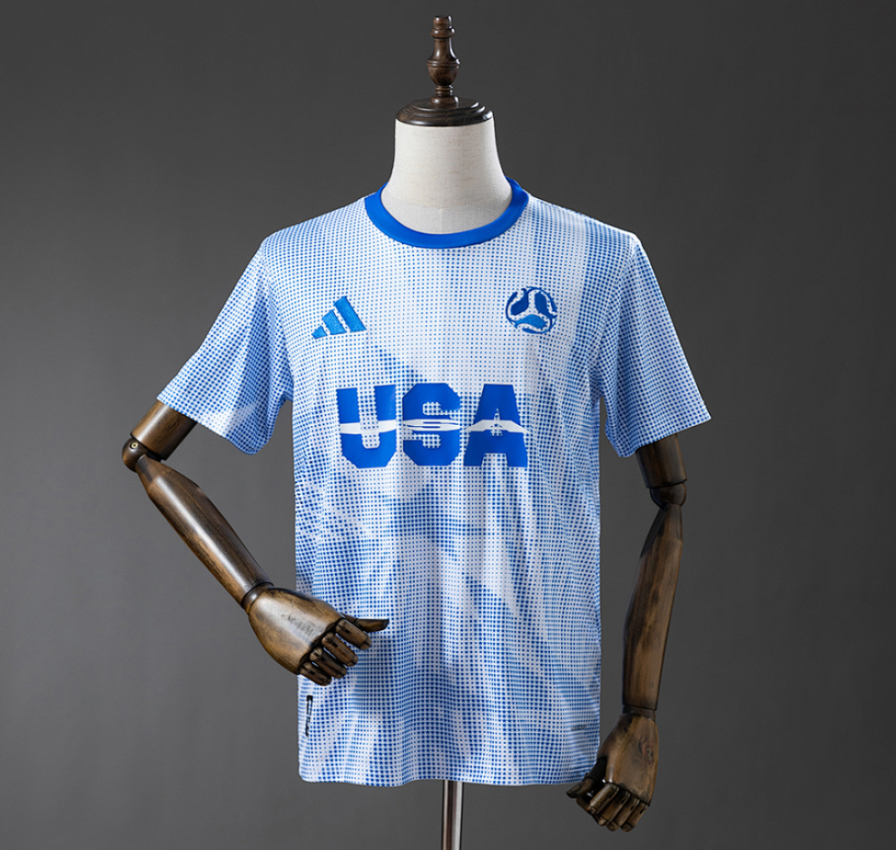 Blue sports jersey with 'USA' text on a mannequin against a gray background, blue jerseys, USA 2026 Promotional Apparel - Blue Jersey, us, original footbal jerseys